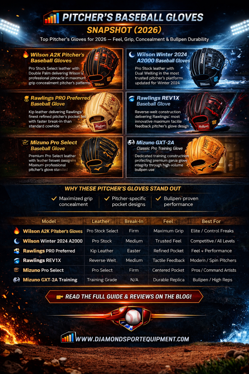 Comparison graphic showing top pitcher’s baseball gloves for 2026 with key features and performance benefits.