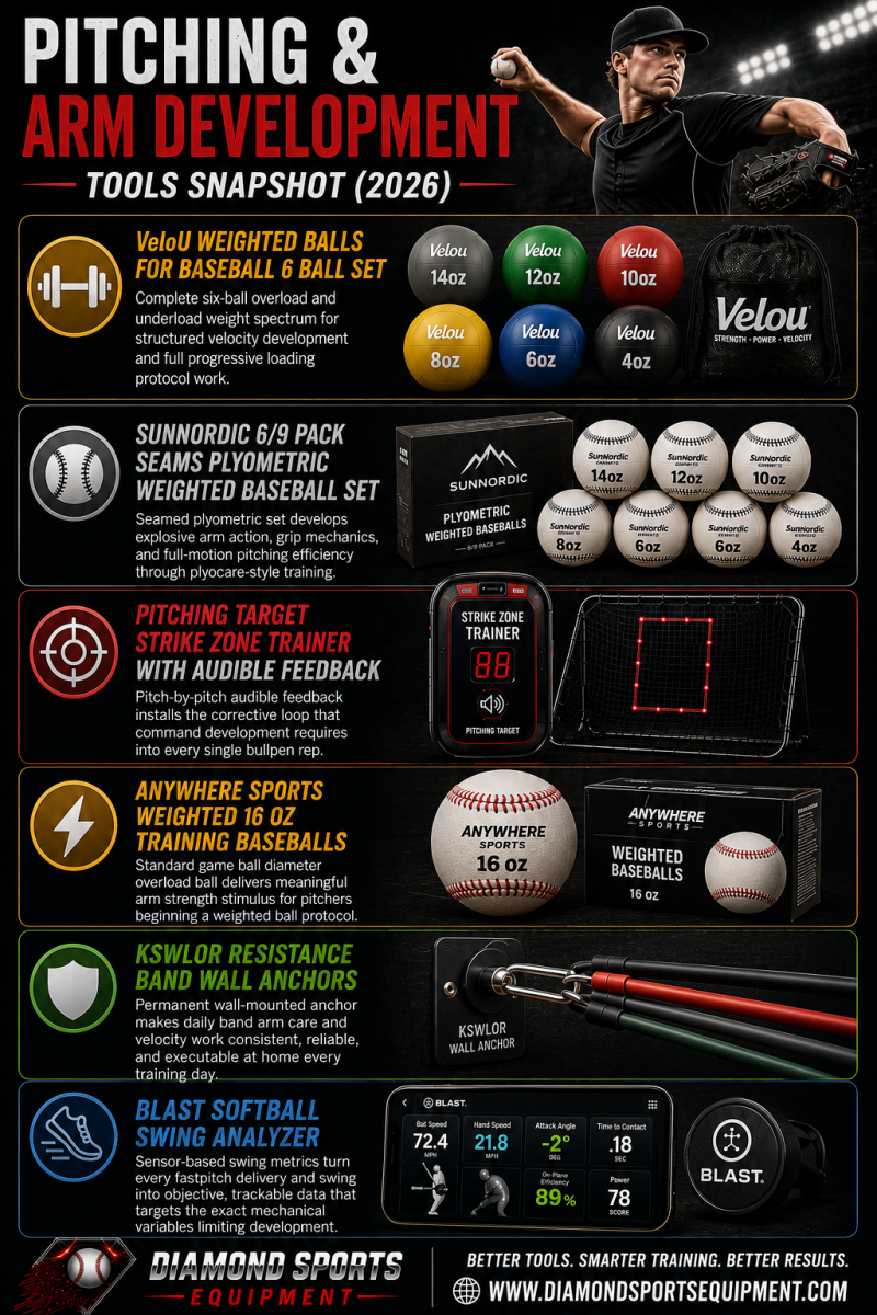 Pitching and arm development tools snapshot featuring weighted baseballs, plyometric balls, strike zone trainers, resistance band wall anchors, swing analyzers, and Diamond Sports Equipment branding.