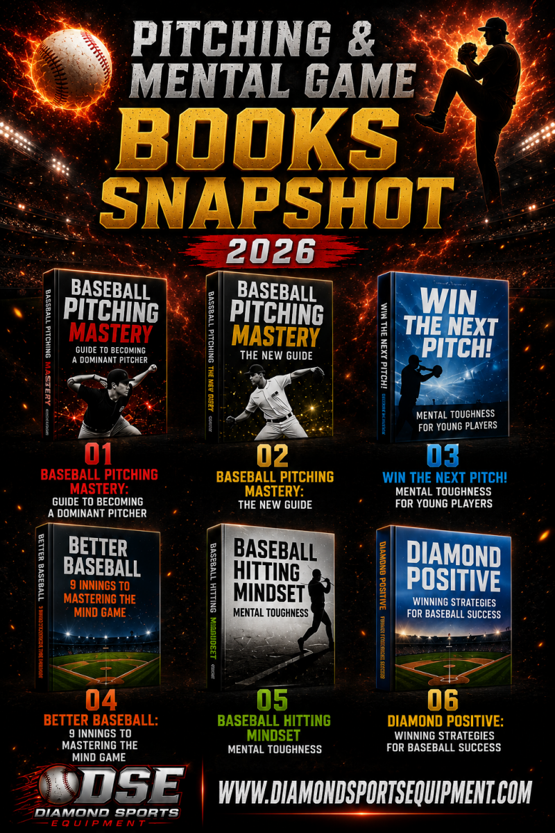 Pitching and mental game books snapshot featuring baseball pitching development books, mental toughness resources, competitive mindset training, fiery cosmic stadium graphics, and Diamond Sports Equipment branding.