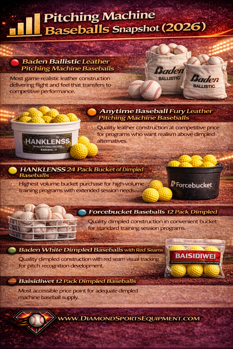 Best pitching machine baseballs for 2026 featuring Baden Ballistic leather balls, Anytime Baseball Fury leather balls, HANKLENSS bucket, Forcebucket dimpled balls, Baden dimpled with red seams, and Baisidiwei training balls.