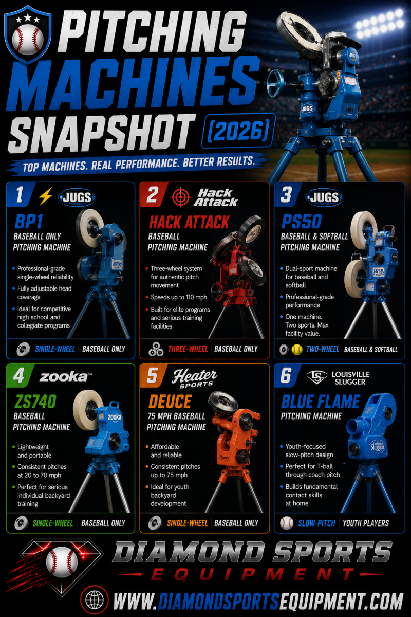 Pitching Machines Snapshot infographic featuring JUGS, Hack Attack, Zooka, Heater Sports, and Louisville Slugger pitching machines on a dark stadium-style background.
