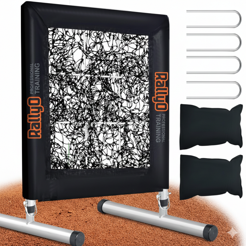 Pitching net with nine-hole strike zone target for baseball and softball practice.