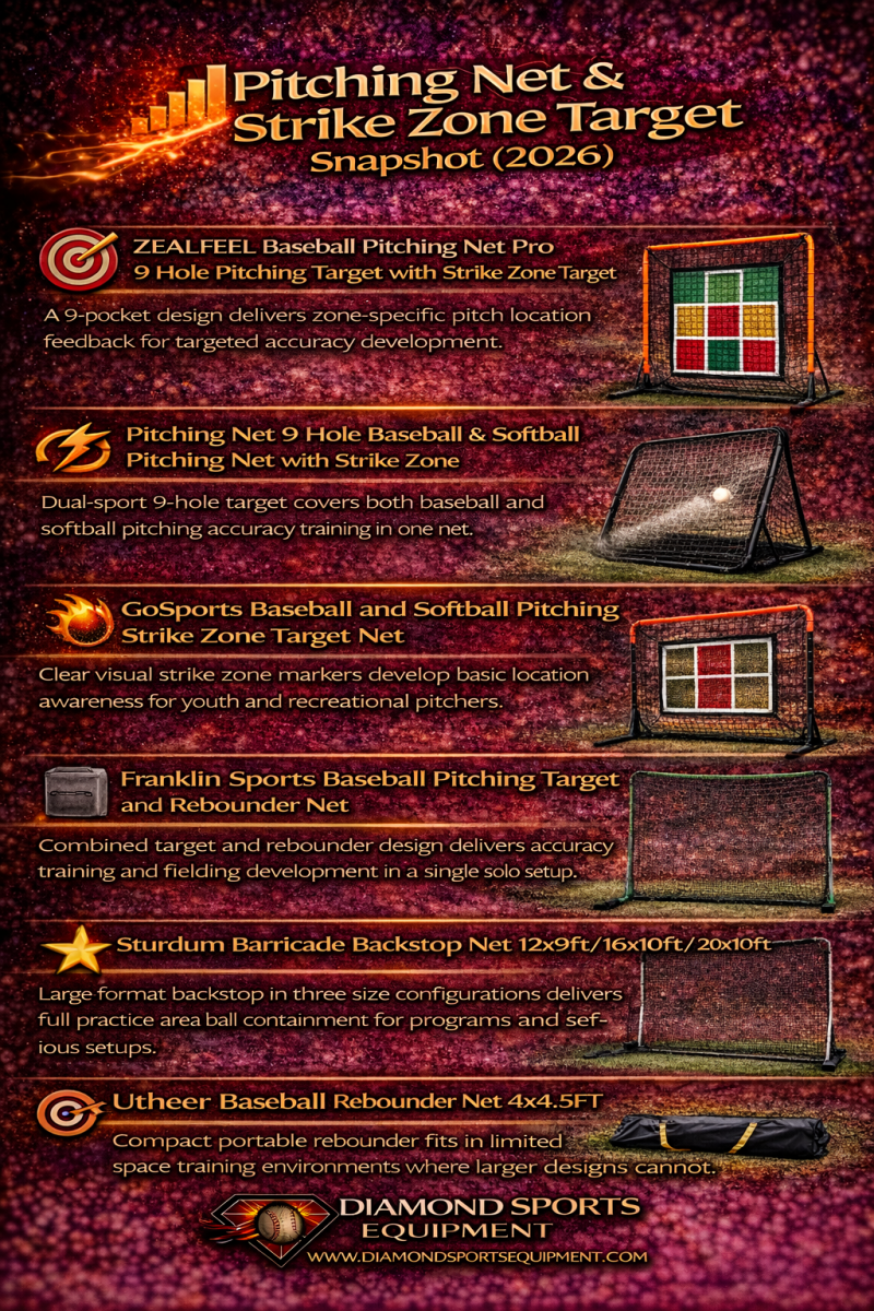 Comparison graphic featuring six pitching nets and strike zone targets with performance-focused descriptions and Diamond Sports Equipment branding.