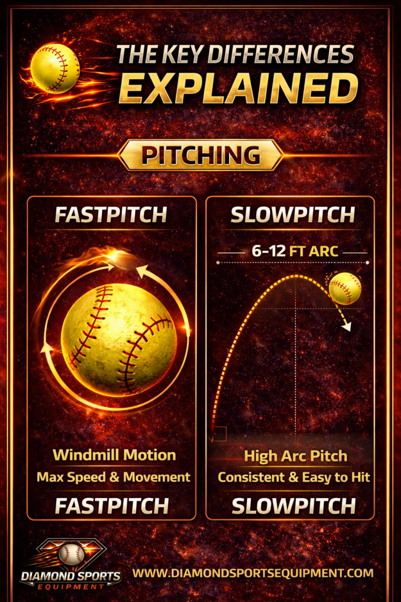 Softball pitching comparison infographic showing windmill fastpitch mechanics and high arc slowpitch delivery.