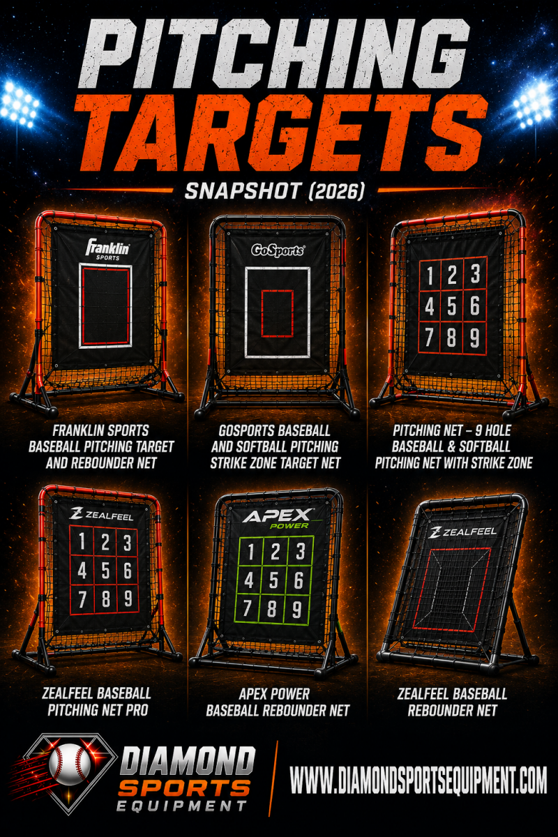 Pitching targets snapshot featuring Franklin Sports Baseball Pitching Target and Rebounder Net, GoSports Strike Zone Target Net, ZEALFEEL Pitching Net Pro, Apex Power Rebounder Net, and baseball pitching accuracy trainers.