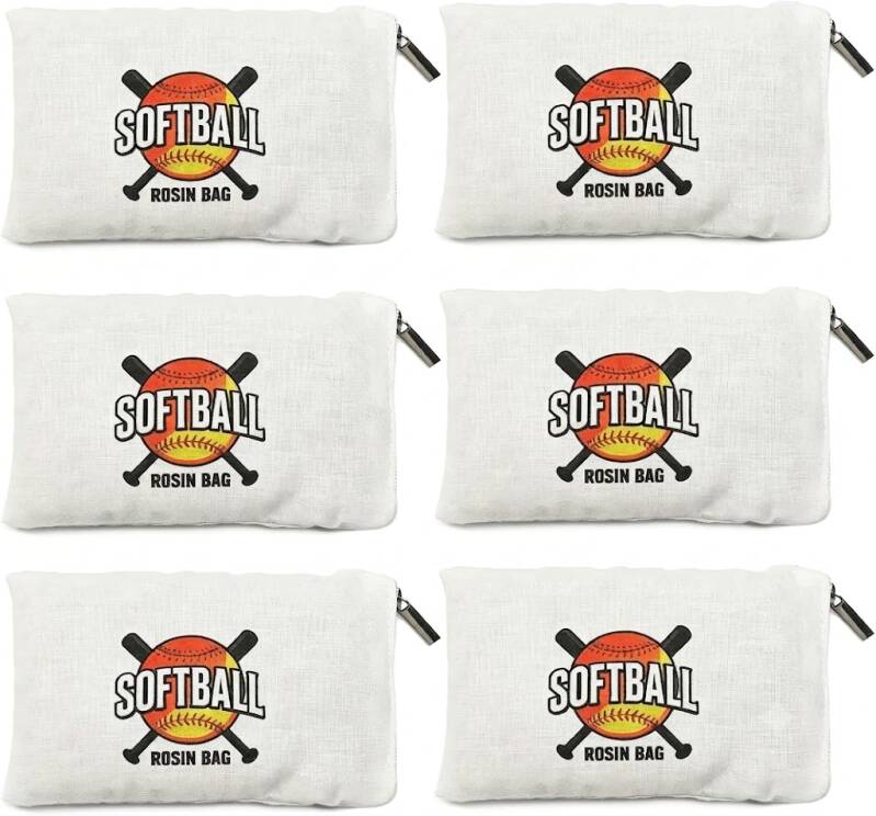 Play as Pro 6-pack softball rosin bags, white with orange softball and crossed bats logo on each bag.