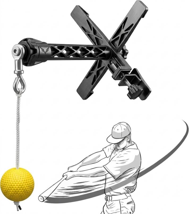 PLAYAPUT Portable Baseball Swing Trainer with The Tethered Ball, a black-and-yellow metal-frame trainer with a tethered ball that mounts to a chain-link fence.