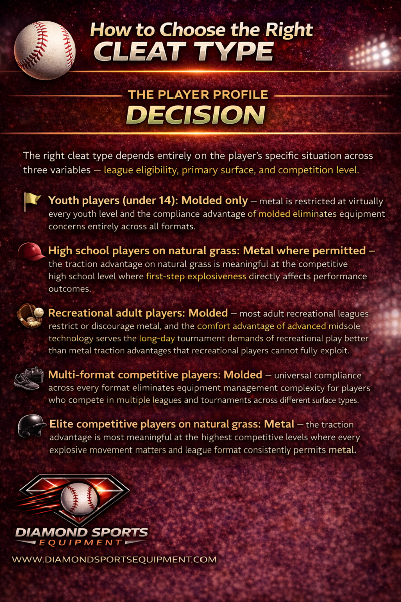Baseball cleat selection guide infographic showing best cleat types by player level and competition