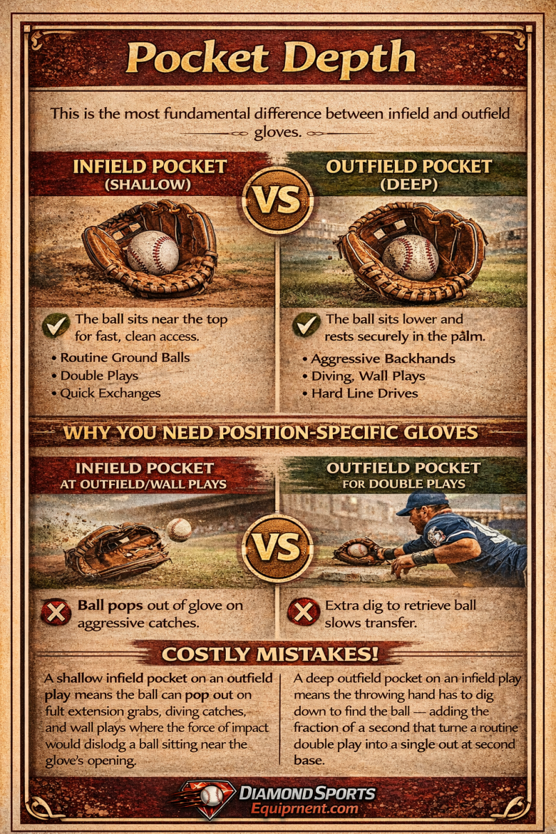 Pocket depth comparison chart showing shallow infield glove pocket vs deep outfield glove pocket and impact on fielding performance