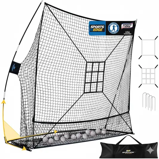 PodiuMax 7x7 Baseball and Softball Net displayed showing its upgraded triangular base system and steel frame construction.