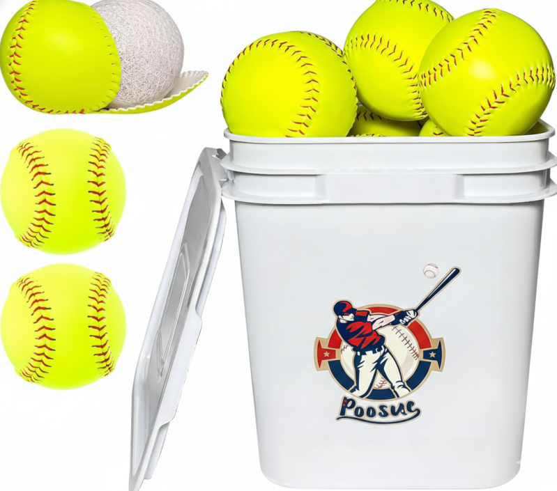 Poosue bucket of 13 practice softballs for team training, batting practice, and fielding drills.