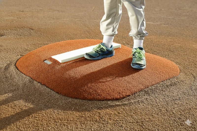 Portolite 4-inch Economy Youth Mound One-Piece with synthetic turf and pitching rubber delivering age-appropriate downhill delivery mechanics for pitchers ages 6 through 9.