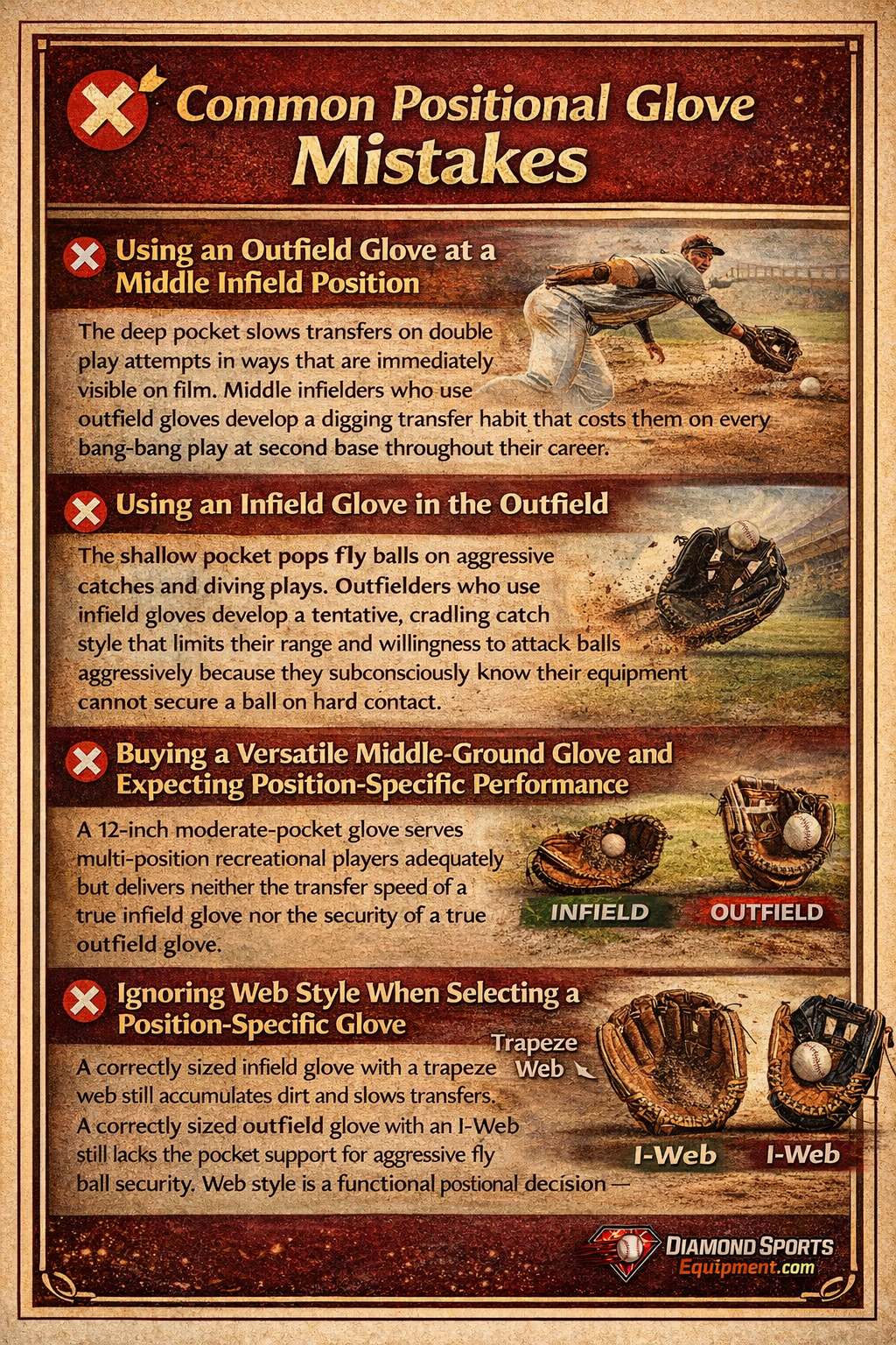 Common positional glove mistakes infographic showing infield vs outfield glove misuse, performance issues, and proper position-specific glove selection