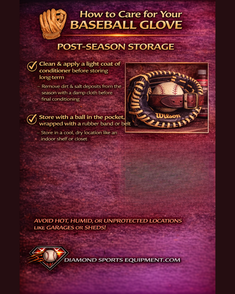 Baseball glove storage infographic showing off-season cleaning, conditioning, and pocket shape maintenance