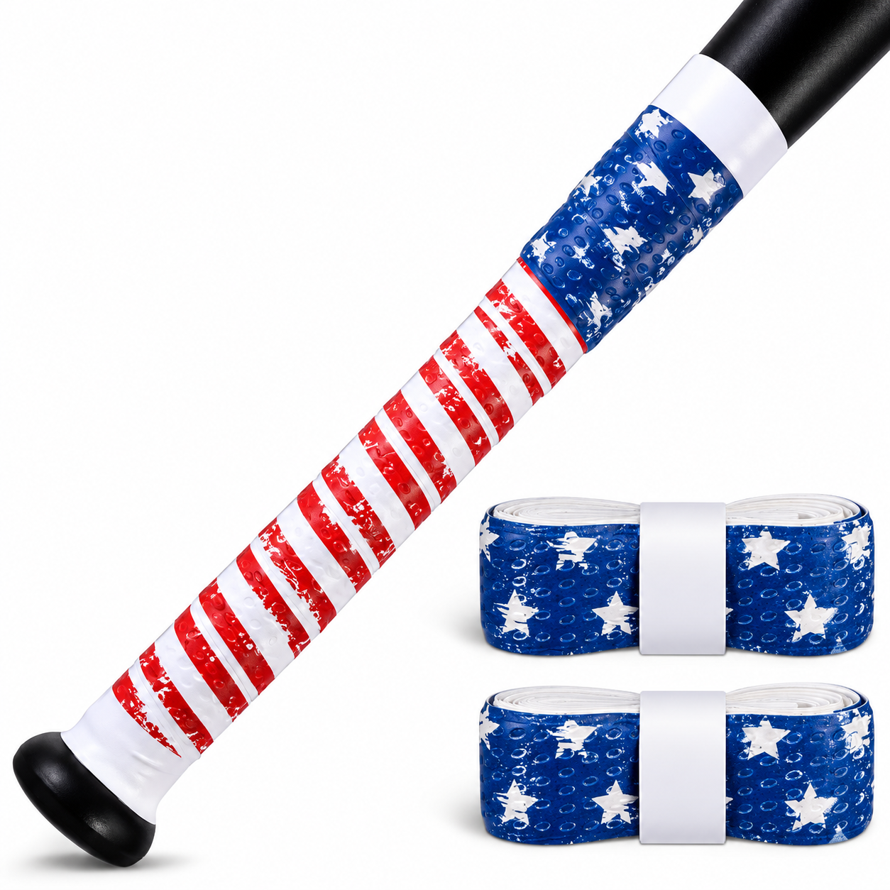 Bat grip tape by Poumee, in red, white, and blue, 1.5 mm thick, 2-pack.