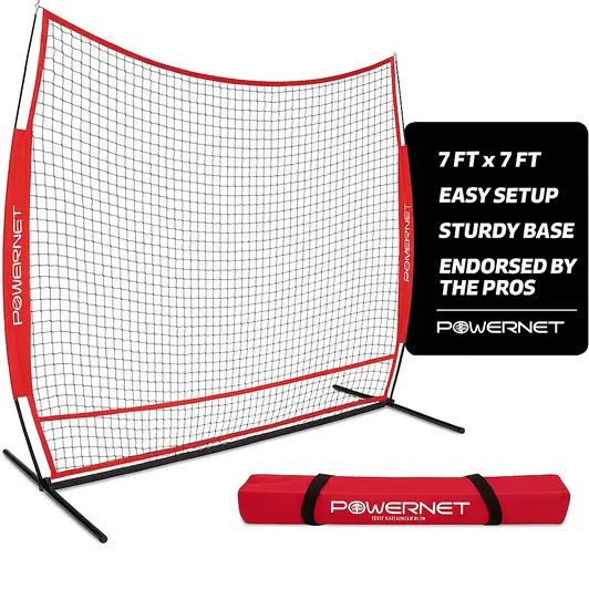 PowerNet Baseball Softball Practice Net 7x7 displayed showing its fiberglass bow frame and triangular base on a clean background.