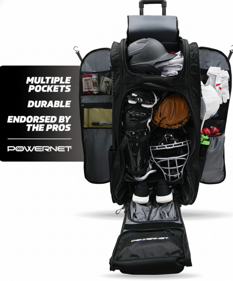 PowerNet Optimus catcher’s bag with wheels designed to carry catcher’s gear, bats, and softball equipment