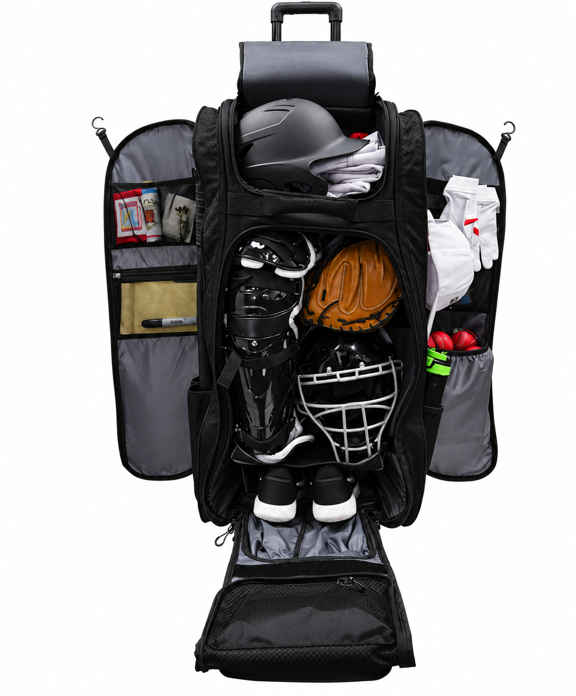 Rolling catcher's bag by PowerNet, the Optimus in black with gear compartments.