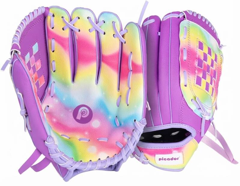 PP PICADOR 10.5" youth girls softball glove. Vibrant tie-dye style in purple, pink, and yellow tones.