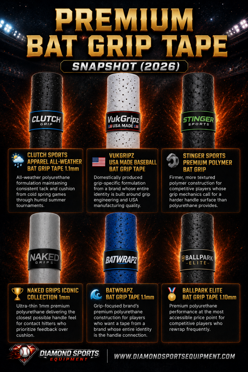 Premium bat grip tape snapshot graphic featuring six upright grip tapes on a fiery cosmic stadium background with the official Diamond Sports Equipment logo and website in the bottom left corner.