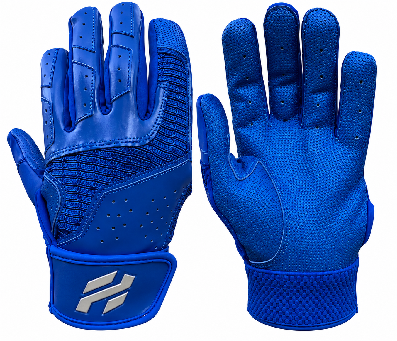 Batting gloves in royal blue cabretta leather, with knit mesh backs.