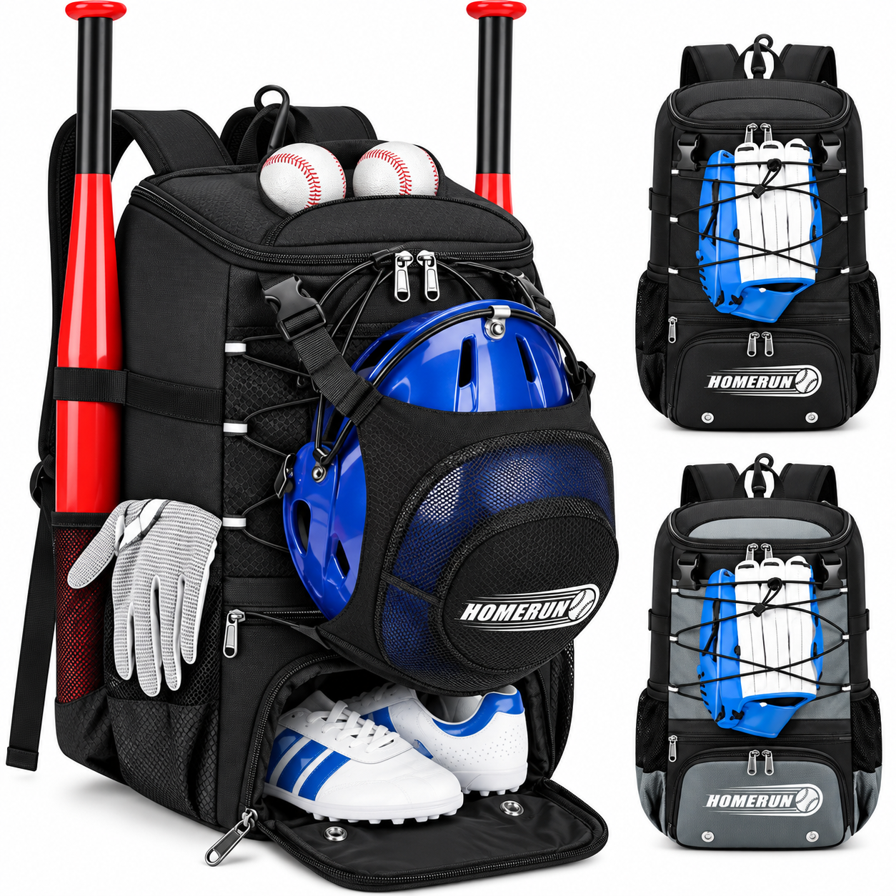 Baseball bat bag with shoe compartment by RAINSMORE, in black.