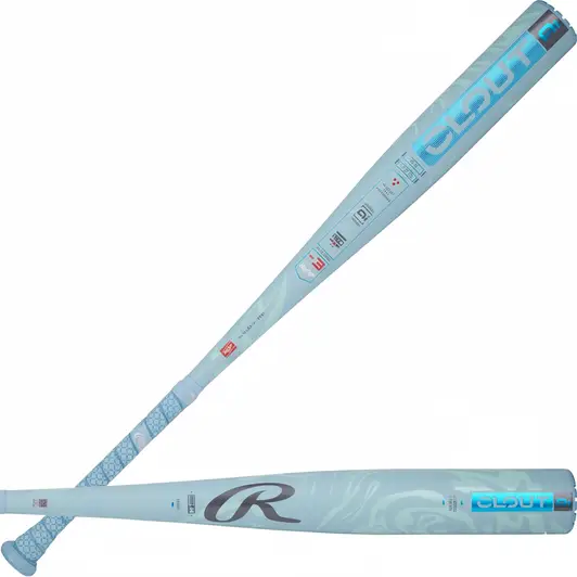 Rawlings 2025 Clout AI BBCOR Baseball Bat displayed showing its AI-informed composite barrel construction and two-piece design.