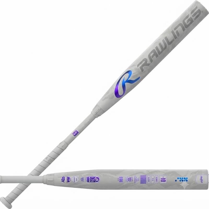 Rawlings | 2025 | Mantra Reverse Fastpitch Softball Bat | -9 / -10 / -11 Drop | 2 Pc. Composite Approved for All Associations, a light gray bat with a blue-to-purple gradient logo and a white grip.
