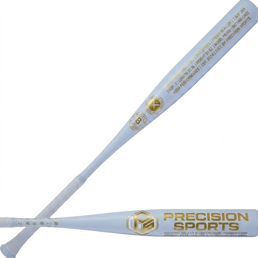 Two light blue baseball bats with gold and white technical text and a geometric logo on a white background.