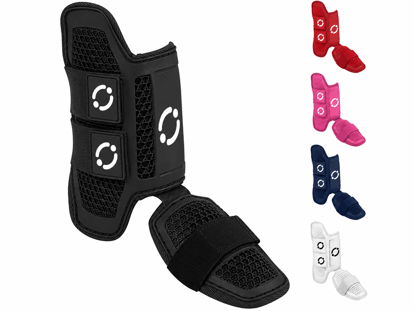 Baseball leg guard by Rawlings, in black with a three-piece mesh shell.