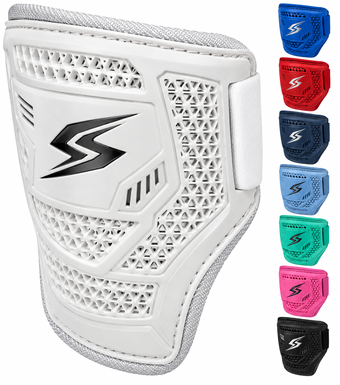Baseball elbow guard by Rawlings, in white with a textured shell.
