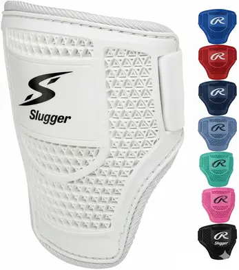 Rawlings Slugger batter's elbow guard in white with ventilated hard shell and adjustable strap available in multiple colors for youth and recreational players.