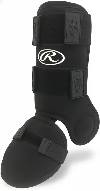 Rawlings batter's leg guard in all black with neoprene shell, Rawlings script branding, and multi-strap closure system.