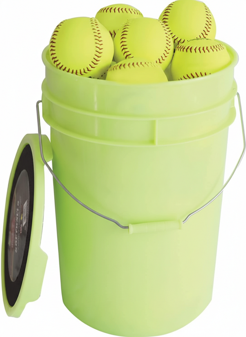 Rawlings bucket of 18 synthetic cover 12-inch practice softballs for ages 12U, ideal for team training and drills.