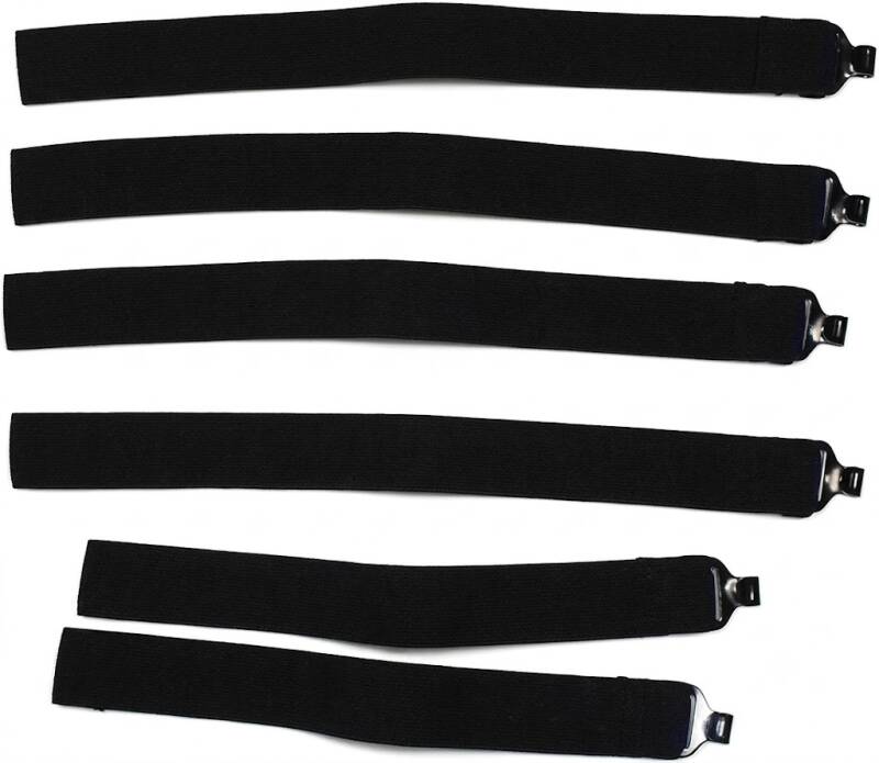 Rawlings catchers leg guard straps set of 6 in black elastic with metal clip buckles for secure attachment.