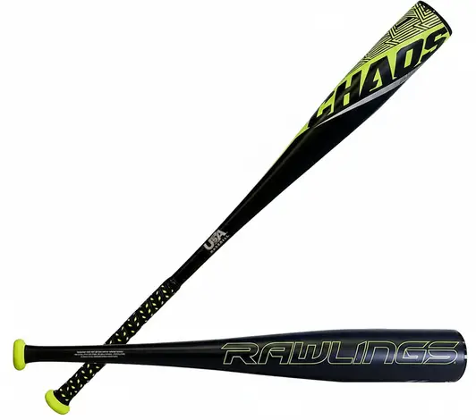 Rawlings Chaos USA Baseball Bat displayed showing its one-piece alloy construction and balanced swing weight design for youth recreational players.