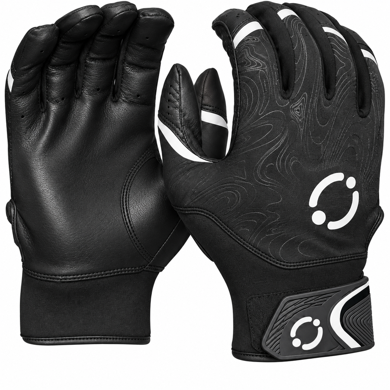 Batting gloves by Rawlings in black, with white accents.