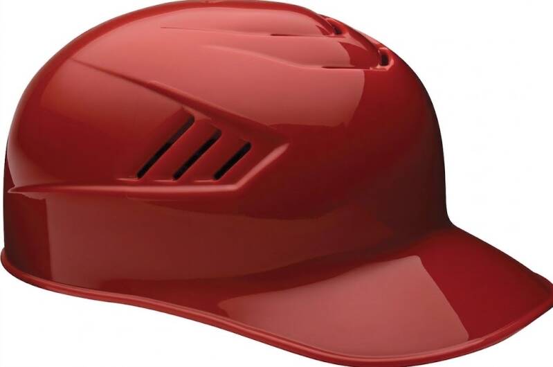 Coach's protective helmet by Rawlings COOLFLO Base Coach Helmet Gloss Skull Cap in red gloss finish with molded ventilation slots.