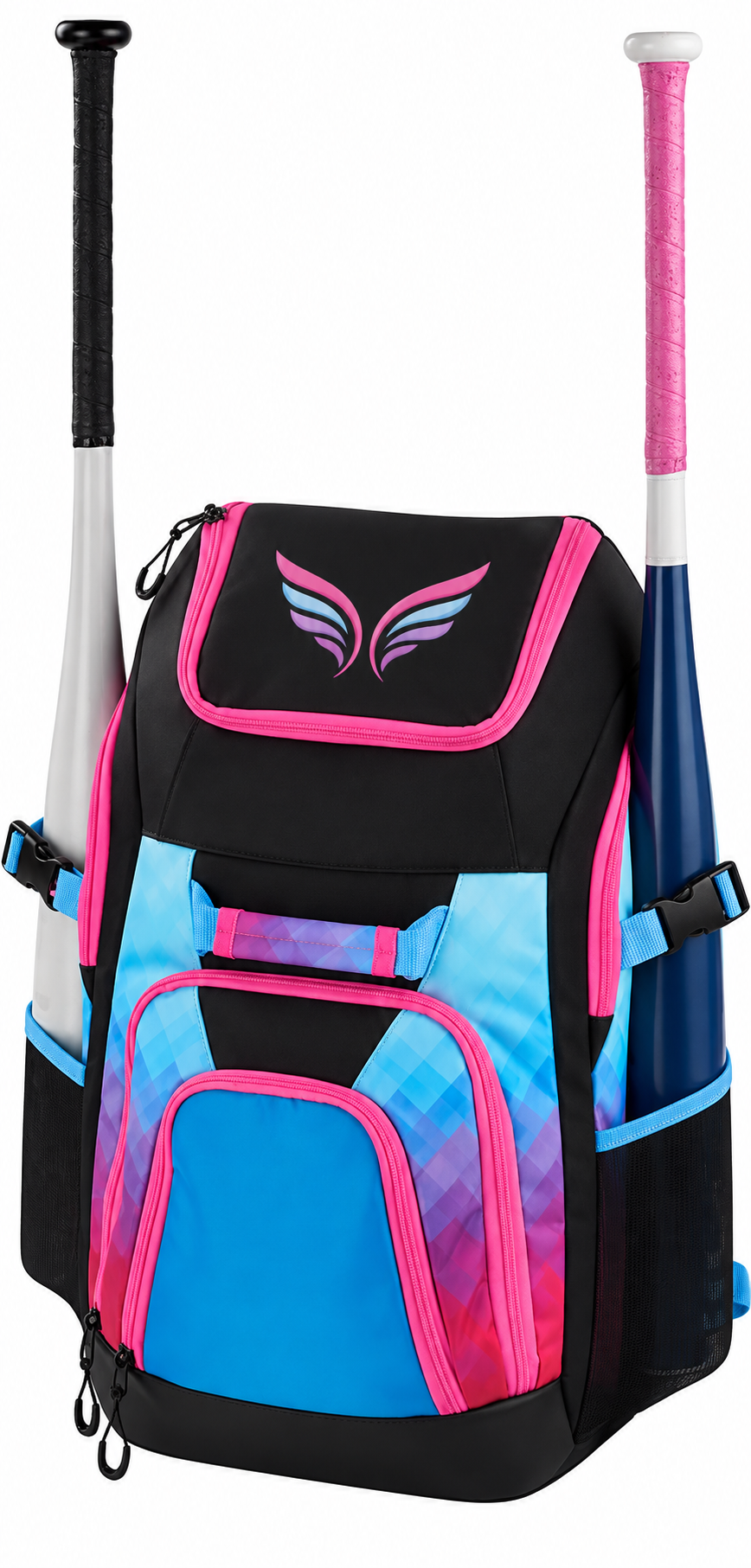 Bat bag for softball by Rawlings, in black with pink and blue accents.