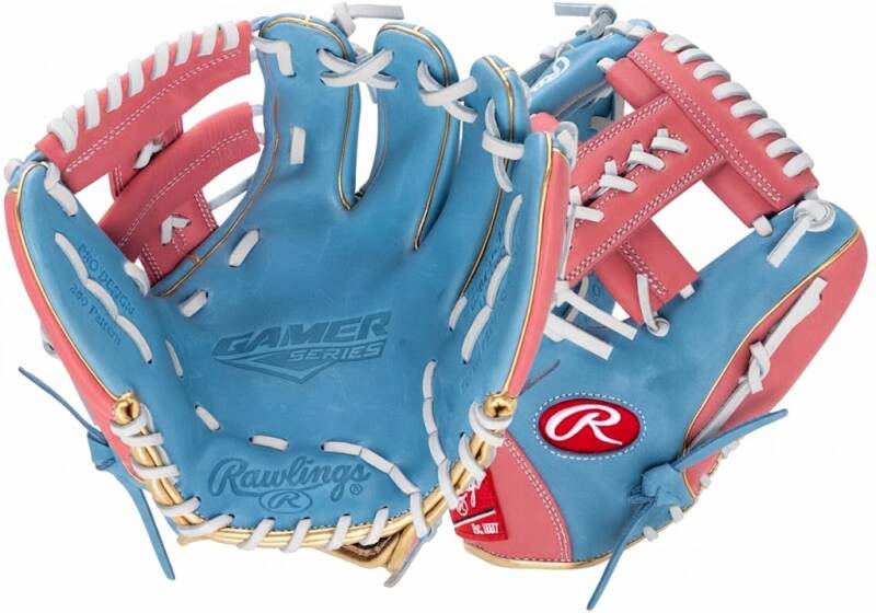 Rawlings Gamer 11.5" baseball glove in sky blue and coral with white lacing and gold trim accents.