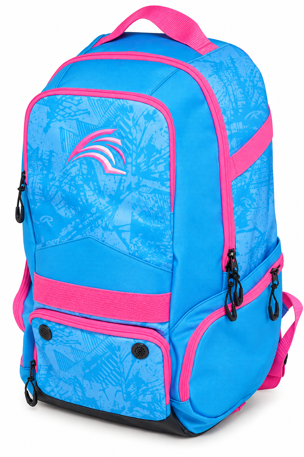 Softball bag by Rawlings, in light blue with pink trim and straps.