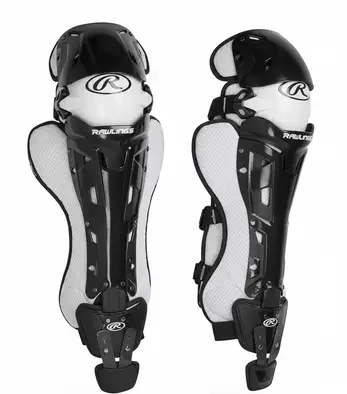 Rawlings MACH Catcher's Leg Guards displayed showing their competitive foam and hard shell construction and adjustable fit system for baseball catchers.