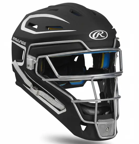 Rawlings MACH Series Catcher's Helmet displayed showing its carbon fiber reinforced shell and quality cage construction.