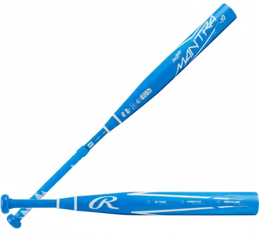 Rawlings Mantra 2.0 Fastpitch bat showing updated composite construction and Mantra 2.0 barrel technology on a neutral background.