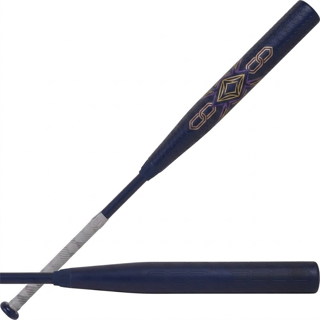 A navy blue softball bat with a grey textured grip is positioned diagonally over a matching horizontal barrel on a white background.