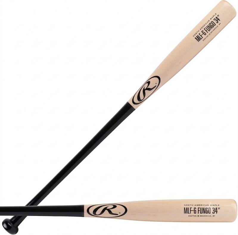 Rawlings Maple FUNGO Training Bat in maple with the Rawlings logo, a long lightweight fungo for coaches.