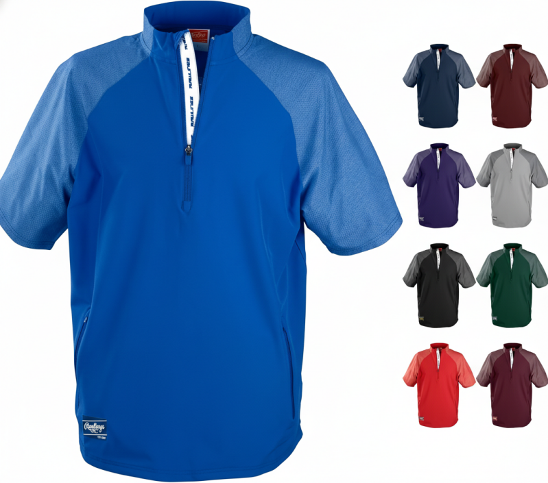 Rawlings Mens Colorsync Short Sleeve Cage Jacket with lightweight breathable construction for warm weather batting practice and summer baseball softball coaching situations.