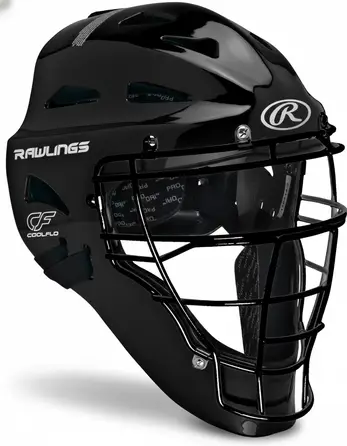 Rawlings PLAYERS SERIES youth catcher's helmet with youth-specific shell geometry and standard cage on a neutral background.