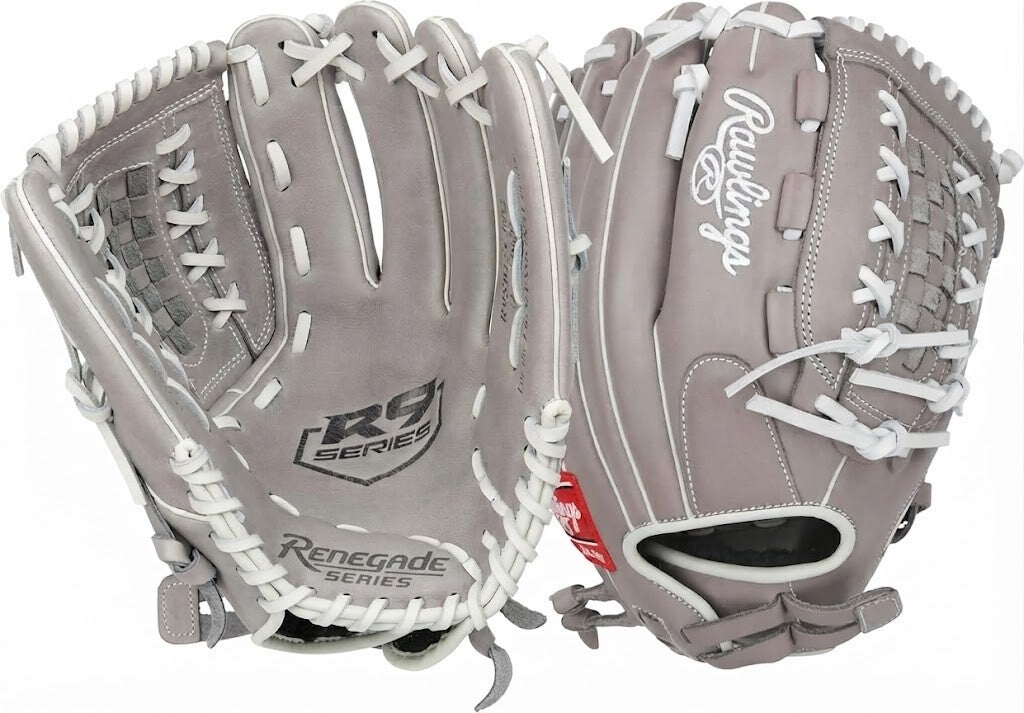Rawlings | R9 Fastpitch Softball Glove | Sizes 11.5" - 13" | Multiple Styles, a basket web fielding glove in gray with white trim.