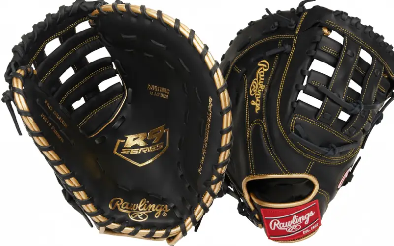 Rawlings R9 Series first base mitt in black with gold stitching and lacing, reinforced mid-range leather built for high school and recreational players.